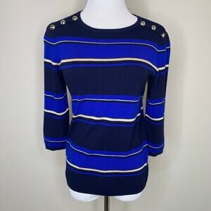 Navy Royal Blue Gold Metallic Striped Sweater Gold Buttons Sz Medium